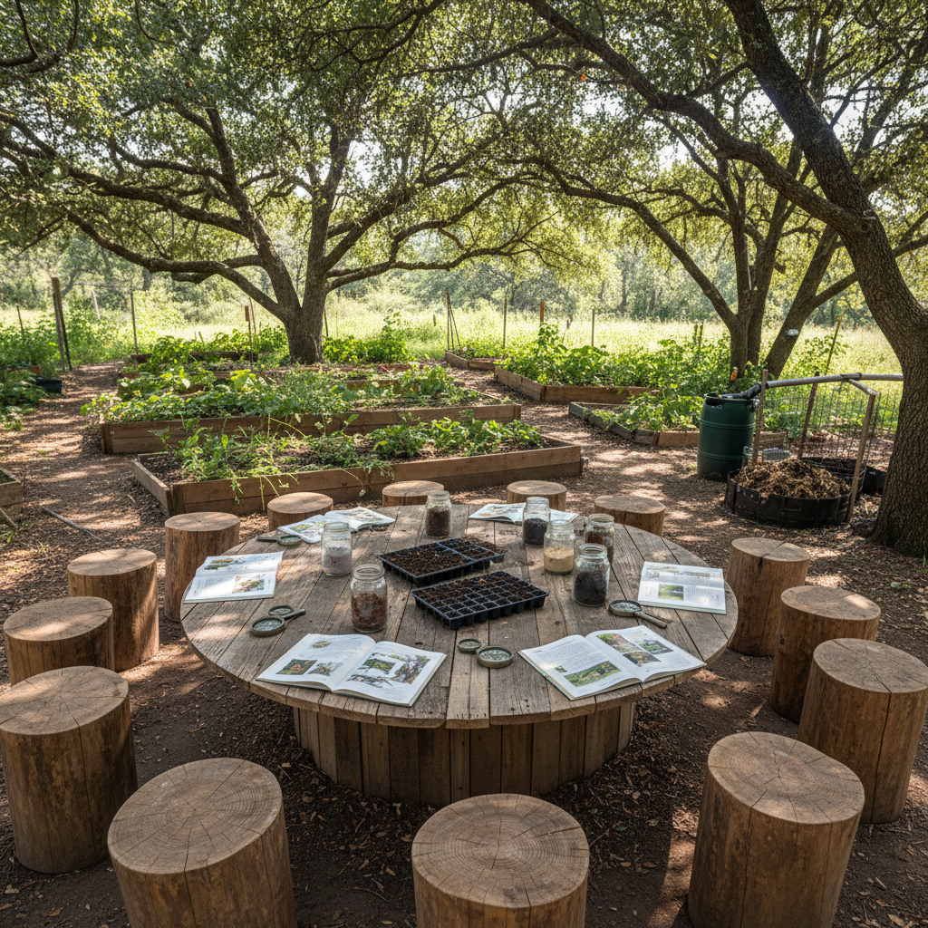An outdoor, nature-based learning space for ecological education, captured in photographic realism. At the center, a large circular arrangement of smooth wooden stumps forms seating around a low demonstration table made from reclaimed planks. On the table rests an assortment of open, illustrated field guides without legible text, seed trays, glass jars of soil samples, and simple hand lenses. The classroom is nestled under mature trees with dappled sunlight filtering through the leaves, casting shifting patterns on the ground. In the background, terraced garden beds, a small compost area, and a simple rainwater collection system hint at practical learning. Shot at slightly above eye level with moderate depth of field, the atmosphere is inviting, curious, and quietly focused on sharing knowledge about earth-friendly living.