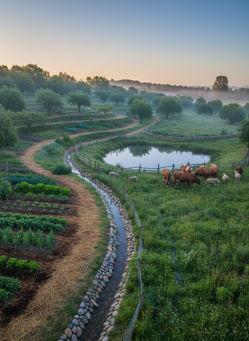 A panoramic view of a small-scale, integrated farm landscape that illustrates soil, water, plants, and animals working in harmony, captured in high-resolution photographic realism. Terraced vegetable beds contour along a gentle slope, separated by mulch-covered paths, while a narrow, stone-lined swale guides rainwater toward a small, reflective pond. On one side, a rotational grazing paddock with low, natural fencing supports calm cattle and sheep, each spaced comfortably on dense, mixed pasture. Clusters of fruit and nut trees create patches of shade and habitat. Early morning light creates a soft, cool glow with mist clinging to lower areas, adding depth and serenity. Shot from a slightly elevated, wide-angle perspective, the composition emphasizes connectedness and long-term stewardship, ideal for communicating holistic, sustainable land management.