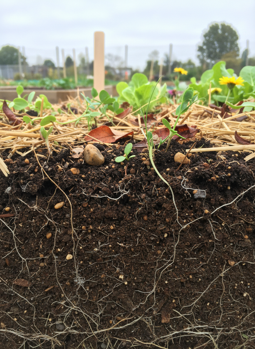 A detailed close-up of healthy, living soil in a small teaching plot, photographed with macro-like precision. In the foreground, a cross-section of dark, crumbly earth reveals fine root systems from diverse plants above: young vegetable seedlings, small legumes, and native wildflowers. Tiny rounded stones, decomposed leaf fragments, and subtle fungal threads add intricate texture. The surface is mulched with straw and shredded leaves, showing moisture retention and protection. Soft, diffused natural daylight from an overcast sky eliminates harsh shadows, making every grain and root visible. The background gently blurs into hints of garden beds and a simple wooden marker without text. Shot from a low, side-on angle, the composition feels scientific yet warm, emphasizing the foundational role of healthy soil in sustainable agriculture and ecological regeneration.