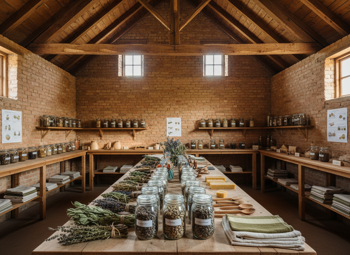 A transformation-focused workshop space for sustainable living skills, rendered in photographic realism. Inside a cozy, repurposed barn with exposed wooden beams and clay-brick walls, a large central workbench holds natural materials: coiled ropes of dried herbs, labeled but non-legible glass jars of seeds, hand-carved wooden tools, beeswax blocks, and folded natural-fiber textiles in earthy tones. Open shelves along the walls display neatly arranged jars of preserved foods, seed collections, and simple instructional diagrams with no readable text. Soft diffused daylight enters through high windows, creating a warm, contemplative glow and gentle shadows that emphasize textures of wood, glass, and fabric. Shot from a wide-angle perspective, with sharp detail across the room, the composition feels orderly yet lived-in, suggesting ongoing education, experimentation, and practical transformation toward a more sustainable, grounded way of life.