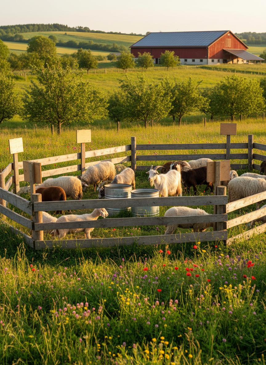 A small, earth-friendly training field dedicated to sustainable animal husbandry, photographed in crisp detail. In the foreground, a well-maintained wooden corral surrounds healthy, mixed-breed sheep and goats with clean, glossy coats, calmly grazing on dense, diverse pasture planted with clover and wildflowers. Nearby, simple wooden signs without text and recycled water troughs indicate organized, educational use. Rolling hills, scattered fruit trees, and a distant organic barn with a solar-panel roof define the background. Golden hour light bathes the scene in a warm glow, emphasizing textures of wool, grass, and wood. Shot from a slightly elevated angle with balanced composition, the mood is orderly, humane, and deeply respectful of animal welfare and ecological balance.