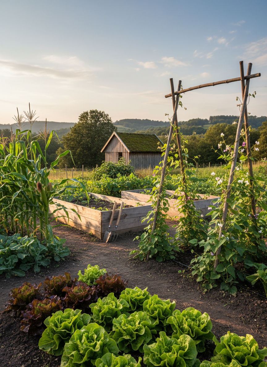 A lush, diverse vegetable garden in photographic realism, with rich brown soil, vibrant green lettuce heads, tall corn stalks, and flowering bean vines climbing sturdy wooden trellises. In the mid-ground, simple hand tools rest beside raised beds made from weathered natural timber. Beyond, gently rolling hills, scattered native trees, and a modest wooden shed with a green roof suggest harmony with nature. Soft late-afternoon sunlight creates long, gentle shadows and warm highlights on leaves still dotted with dew. Shot at eye level with sharp focus throughout, the composition follows the rule of thirds, conveying a calm, hopeful atmosphere that reflects community-based, sustainable agriculture and respect for the land.