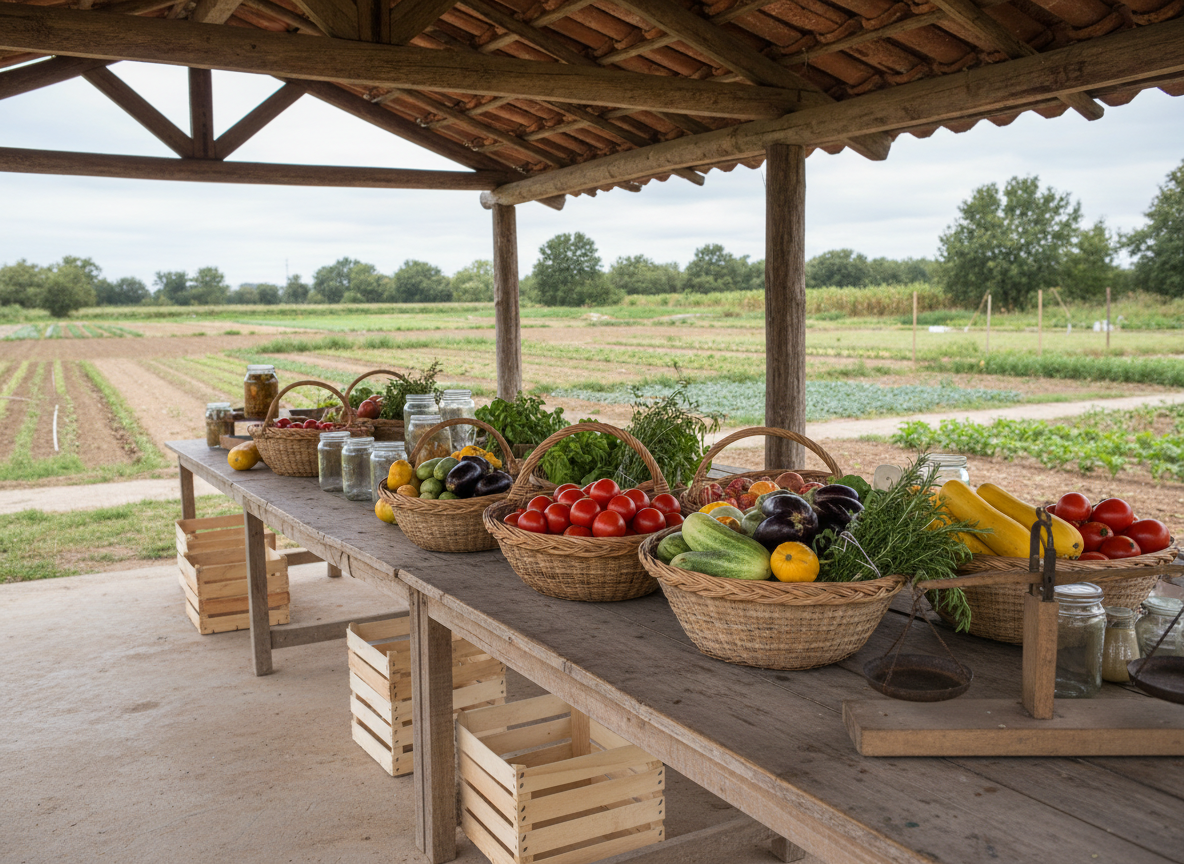 A cooperative outdoor food processing and sharing area dedicated to community harvests, shown in detailed, naturalistic photography. A long, sturdy wooden table stands beneath a simple open-sided shelter made of timber and clay roof tiles. On the table, large woven baskets overflow with colorful seasonal produce: deep red tomatoes, pale green cucumbers, golden squash, purple eggplants, and fragrant herbs bundled with twine. Nearby, glass jars, simple scales without visible numbers, and clean wooden crates suggest careful sorting and preservation. The background reveals a mosaic of cultivated fields and native vegetation. Soft, bright overcast light provides even illumination, reducing harsh shadows and highlighting natural colors. Framed in a three-quarter view with gentle leading lines from table to landscape, the mood communicates generosity, shared work, and thoughtful, sustainable use of abundance.